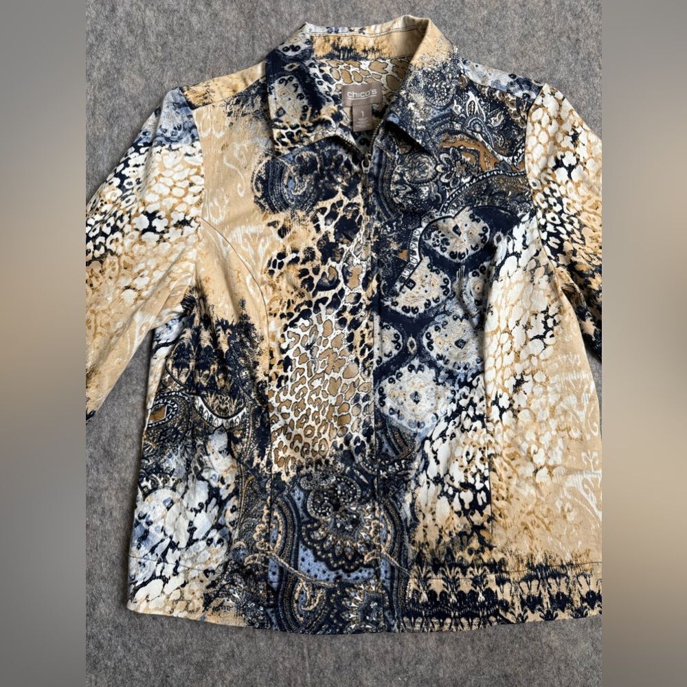 Chico's‎ Jacket Women's 1 Beige Black Printed Cotton Stretch Collared Full Zip - Picture 2 of 9